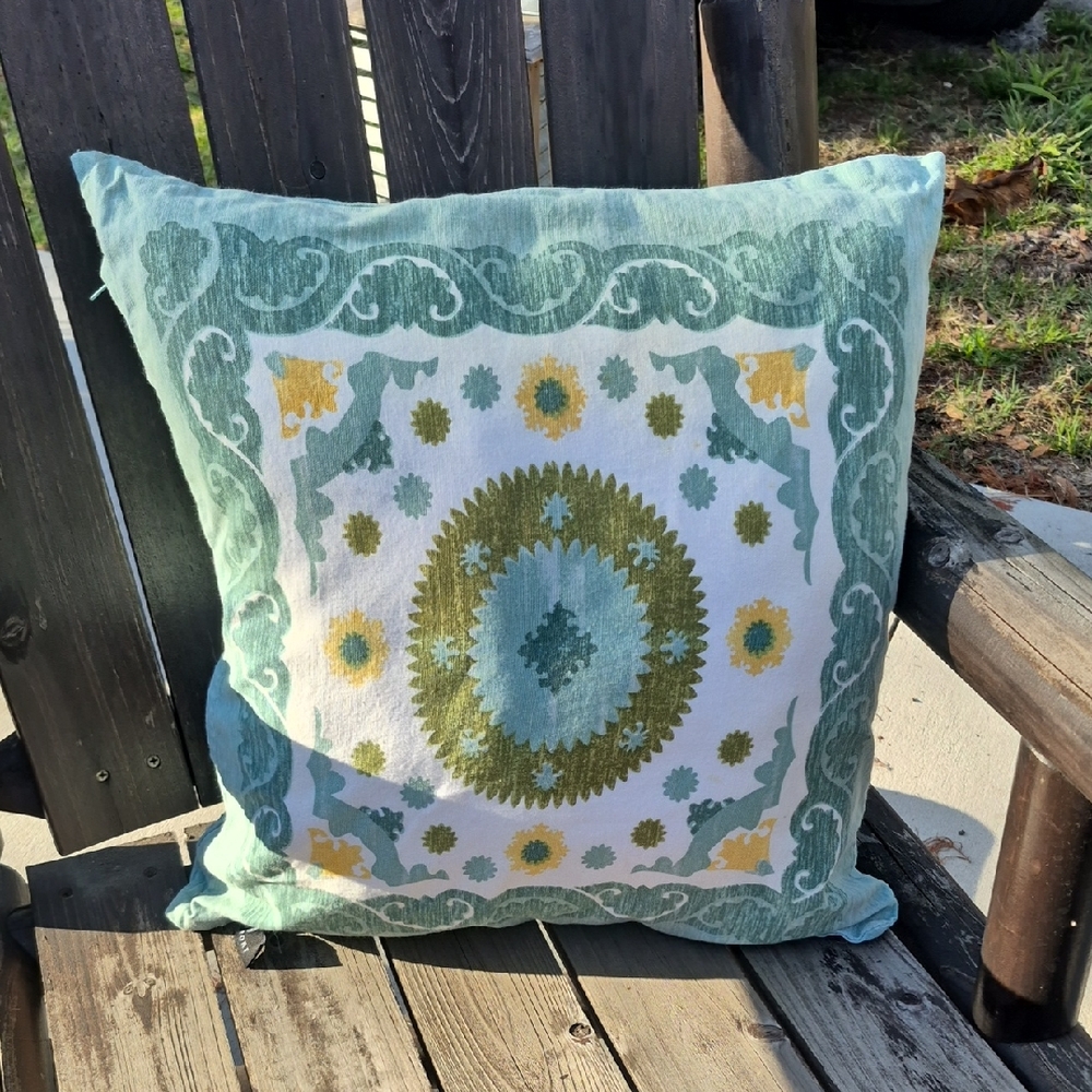 Newport Throw Pillow Case Only  Greens Tones,blue, Yellow And White Zip Closure